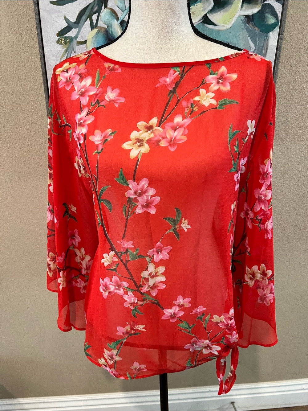 Susan Graver Red Floral Tie-Hem Blouse